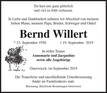 Traueranzeige von Bernd Willert  von Magdeburger Volksstimme