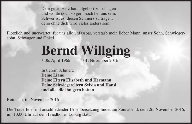  Traueranzeige für Bernd Willging  vom 19.11.2016 aus Magdeburger Volksstimme