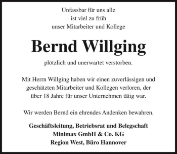 Traueranzeige von Bernd Willging  von Magdeburger Volksstimme