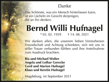 Traueranzeige von Bernd Willi Hufnagel  von Magdeburger Volksstimme
