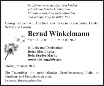 Traueranzeige von Bernd Winkelmann  von Magdeburger Volksstimme