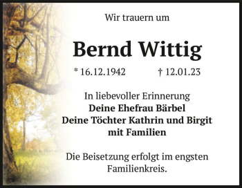 Traueranzeige von Bernd Wittig  von Magdeburger Volksstimme