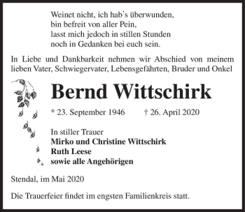 Traueranzeige von Bernd Wittschirk  von Magdeburger Volksstimme