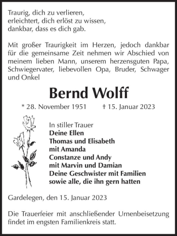 Traueranzeige von Bernd Wolff  von Magdeburger Volksstimme