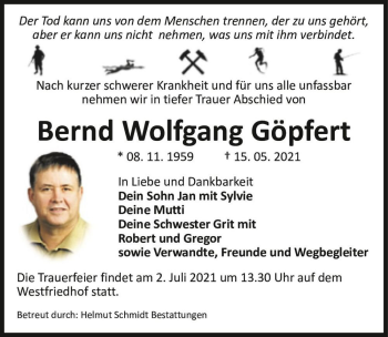 Traueranzeige von Bernd Wolfgang Göpfert  von Magdeburger Volksstimme