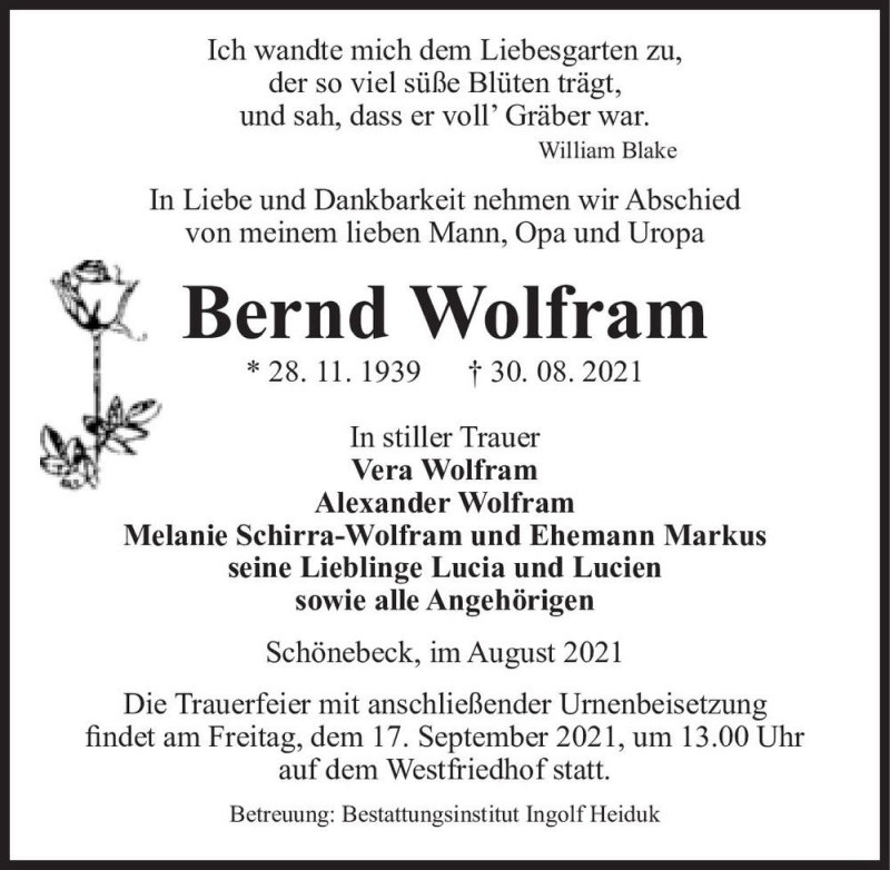  Traueranzeige für Bernd Wolfram  vom 04.09.2021 aus Magdeburger Volksstimme
