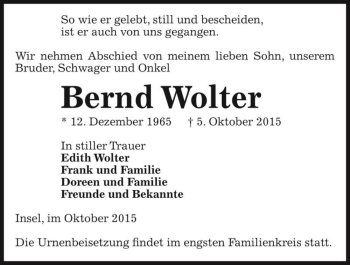 Traueranzeige von Bernd Wolter  von Magdeburger Volksstimme