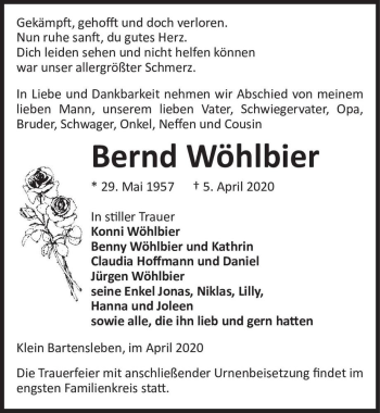 Traueranzeige von Bernd Wöhlbier  von Magdeburger Volksstimme