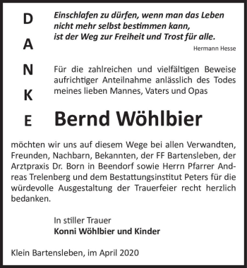 Traueranzeige von Bernd Wöhlbier  von Magdeburger Volksstimme