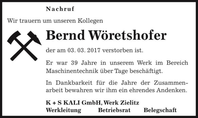  Traueranzeige für Bernd Wöretshofer  vom 11.03.2017 aus Magdeburger Volksstimme