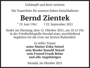 Traueranzeige von Bernd Zientek  von Magdeburger Volksstimme