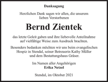 Traueranzeige von Bernd Zientek  von Magdeburger Volksstimme