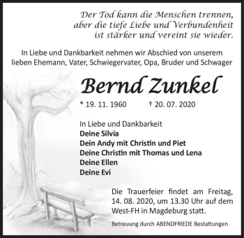 Traueranzeige von Bernd Zunkel  von Magdeburger Volksstimme