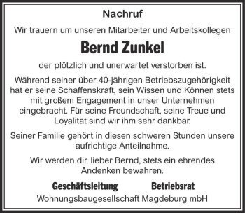 Traueranzeige von Bernd Zunkel  von Magdeburger Volksstimme