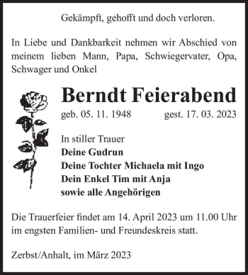 Traueranzeige von Berndt Feierabend  von Magdeburger Volksstimme