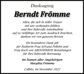 Traueranzeige von Berndt Frömme  von Magdeburger Volksstimme