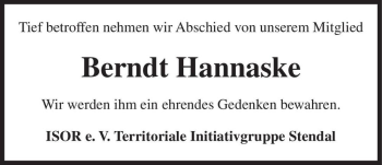 Traueranzeige von Berndt Hannaske  von Magdeburger Volksstimme
