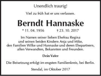 Traueranzeige von Berndt Hannaske  von Magdeburger Volksstimme