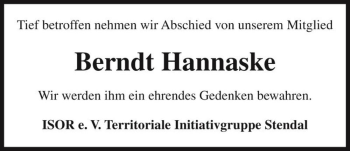 Traueranzeige von Berndt Hannaske  von Magdeburger Volksstimme