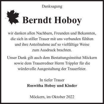 Traueranzeige von Berndt Hoboy  von Magdeburger Volksstimme