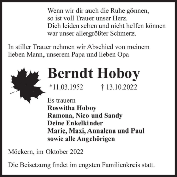 Traueranzeige von Berndt Hoboy  von Magdeburger Volksstimme