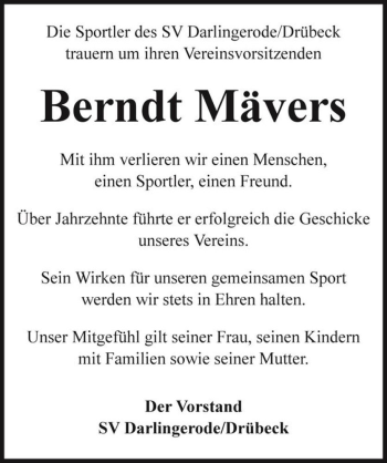 Traueranzeige von Berndt Mävers  von Magdeburger Volksstimme