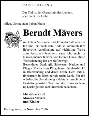 Traueranzeige von Berndt Mävers  von Magdeburger Volksstimme