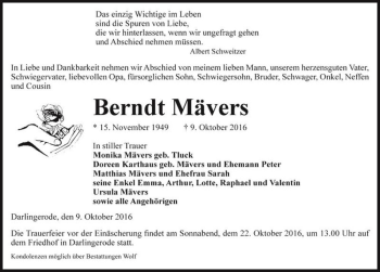 Traueranzeige von Berndt Mävers  von Magdeburger Volksstimme