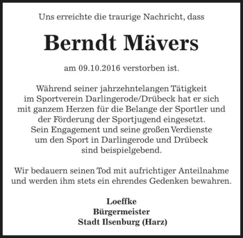 Traueranzeige von Berndt Mävers  von Magdeburger Volksstimme