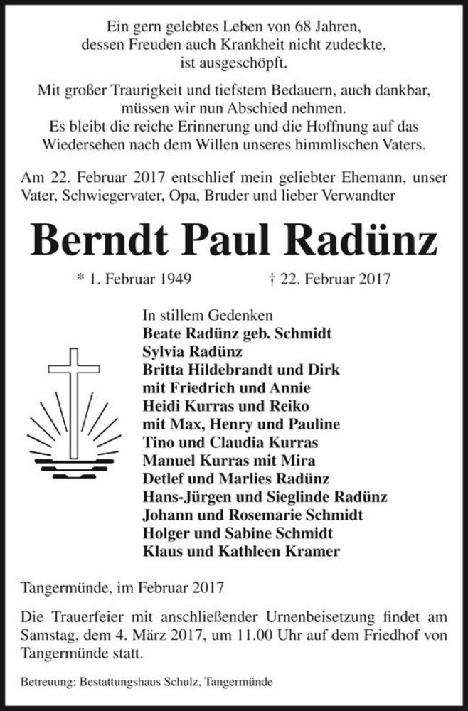  Traueranzeige für Berndt Paul Radünz  vom 25.02.2017 aus Magdeburger Volksstimme