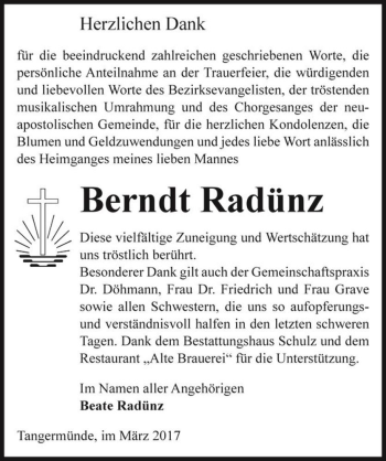 Traueranzeige von Berndt Radünz  von Magdeburger Volksstimme