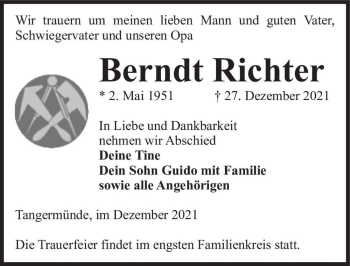 Traueranzeige von Berndt Richter  von Magdeburger Volksstimme