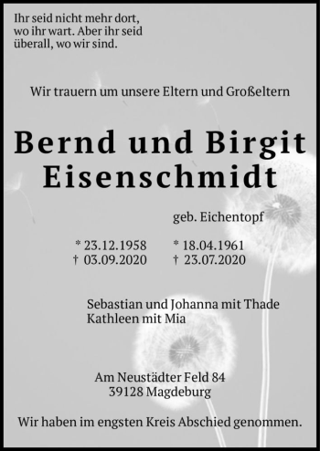 Traueranzeige von Bernd und Birgit Eisenschmidt (geb. Eichentopf)  von Magdeburger Volksstimme