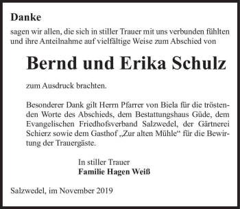 Traueranzeige von Bernd und Erika Schulz  von Magdeburger Volksstimme