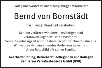 Traueranzeige von Bernd von Bornstädt  von Magdeburger Volksstimme