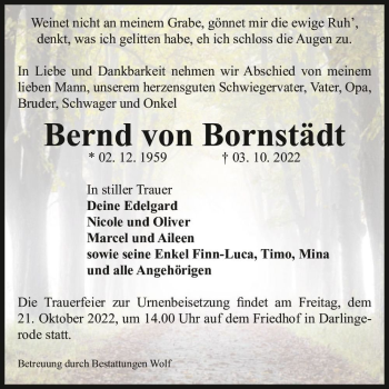 Traueranzeige von Bernd von Bornstädt  von Magdeburger Volksstimme