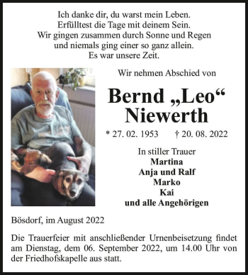 Traueranzeige von Bernd “Leo“ Niewerth  von Magdeburger Volksstimme