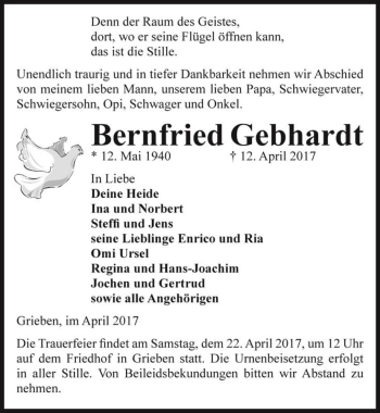 Traueranzeige von Bernfried Gebhardt  von Magdeburger Volksstimme