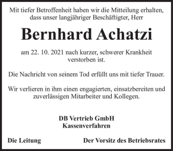 Traueranzeige von Bernhard Achatzi  von Magdeburger Volksstimme