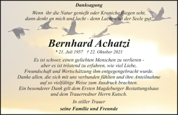 Traueranzeige von Bernhard Achatzi  von Magdeburger Volksstimme