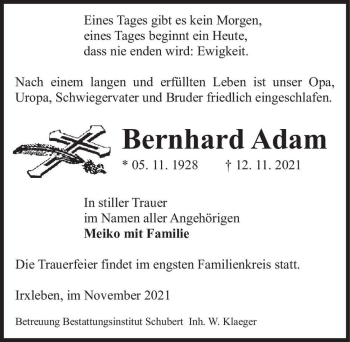 Traueranzeige von Bernhard Adam  von Magdeburger Volksstimme