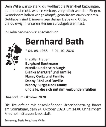 Traueranzeige von Bernhard Bath  von Magdeburger Volksstimme
