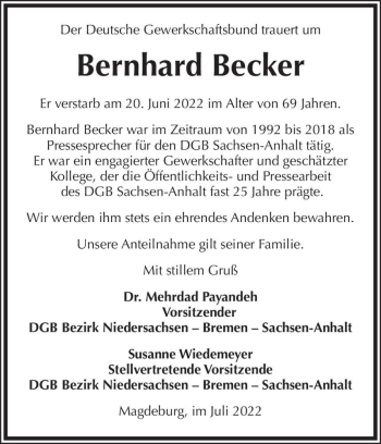 Traueranzeige von Bernhard Becker  von Magdeburger Volksstimme