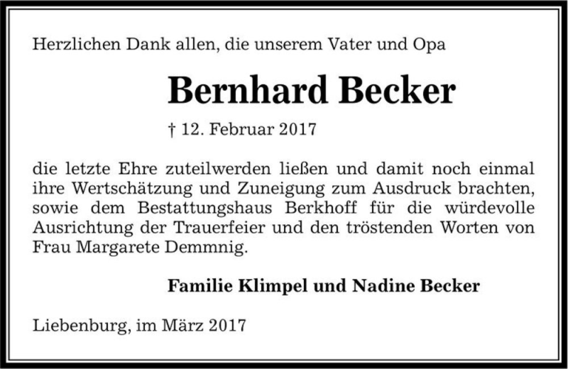  Traueranzeige für Bernhard Becker  vom 11.03.2017 aus Magdeburger Volksstimme