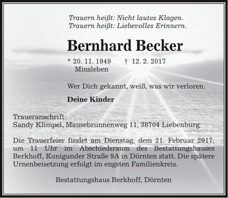  Traueranzeige für Bernhard Becker  vom 17.02.2017 aus Magdeburger Volksstimme