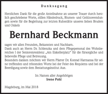 Traueranzeige von Bernhard Beckmann  von Magdeburger Volksstimme