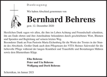 Traueranzeige von Bernhard Behrens  von Magdeburger Volksstimme