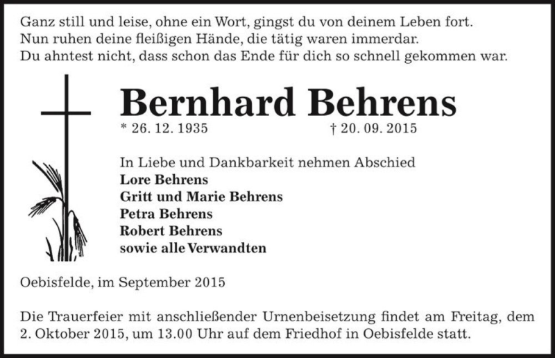  Traueranzeige für Bernhard Behrens  vom 22.09.2015 aus Magdeburger Volksstimme