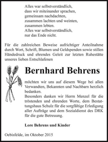 Traueranzeige von Bernhard Behrens  von Magdeburger Volksstimme