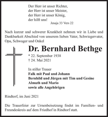 Traueranzeige von Bernhard Bethge  von Magdeburger Volksstimme